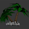 Cartoon Scene Featuring Two Palm Trees with Green Leaves Brown Trunks and Gray Stones